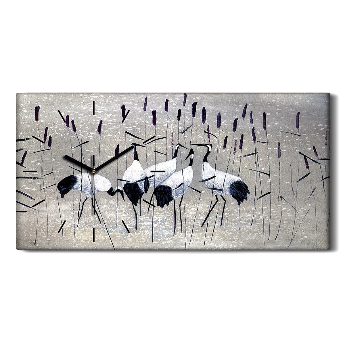 Horloge sur Toile Oiseaux et Roseaux pour Décorer un Salon Moderne en Silence 60x30cm