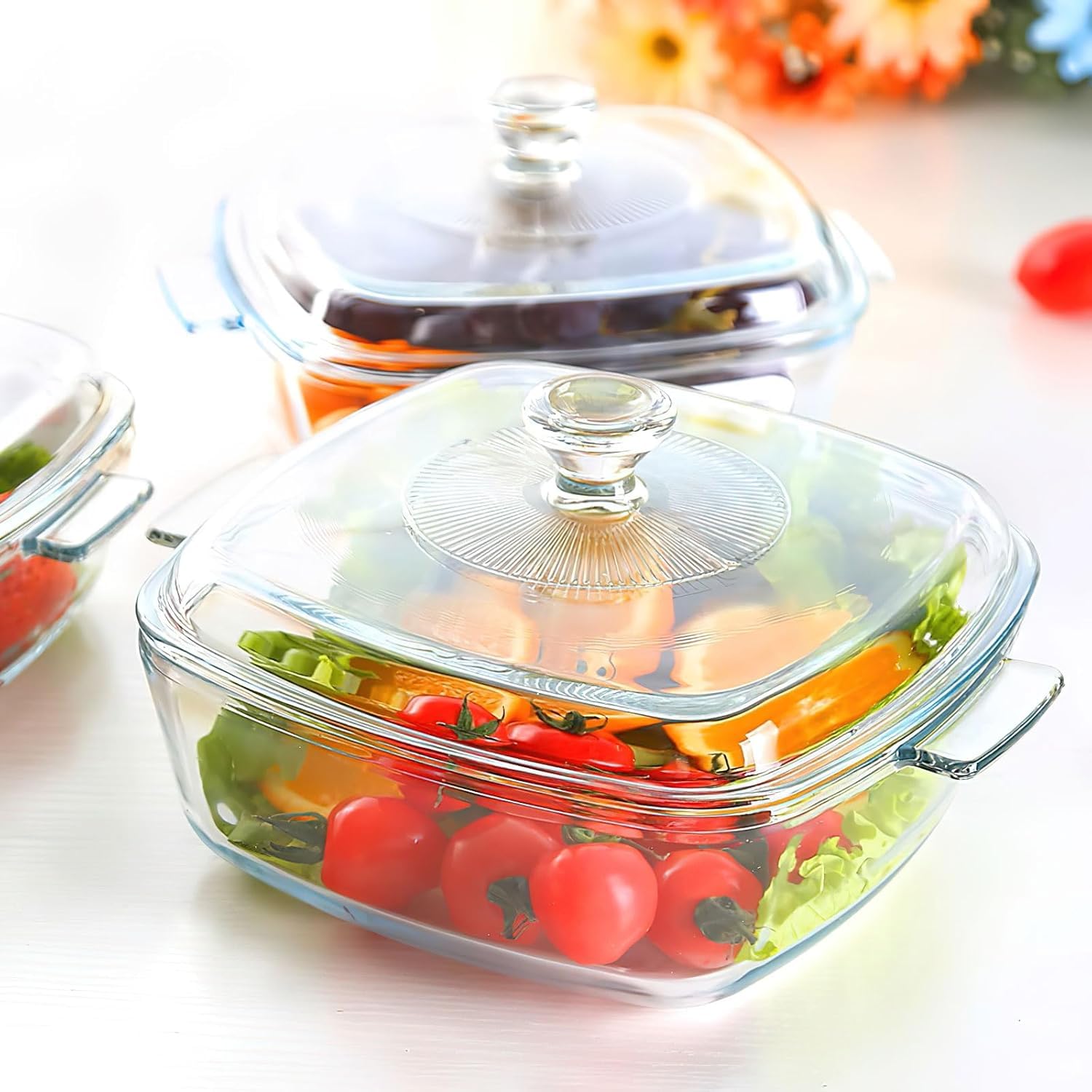 Confezione da 2 casseruole in vetro con coperchio, pirofila quadrata con manico in vetro borosilicato per forno, cucina, casa, feste, cucina, lavabile in lavastoviglie (0,8 L + 1,5 L)