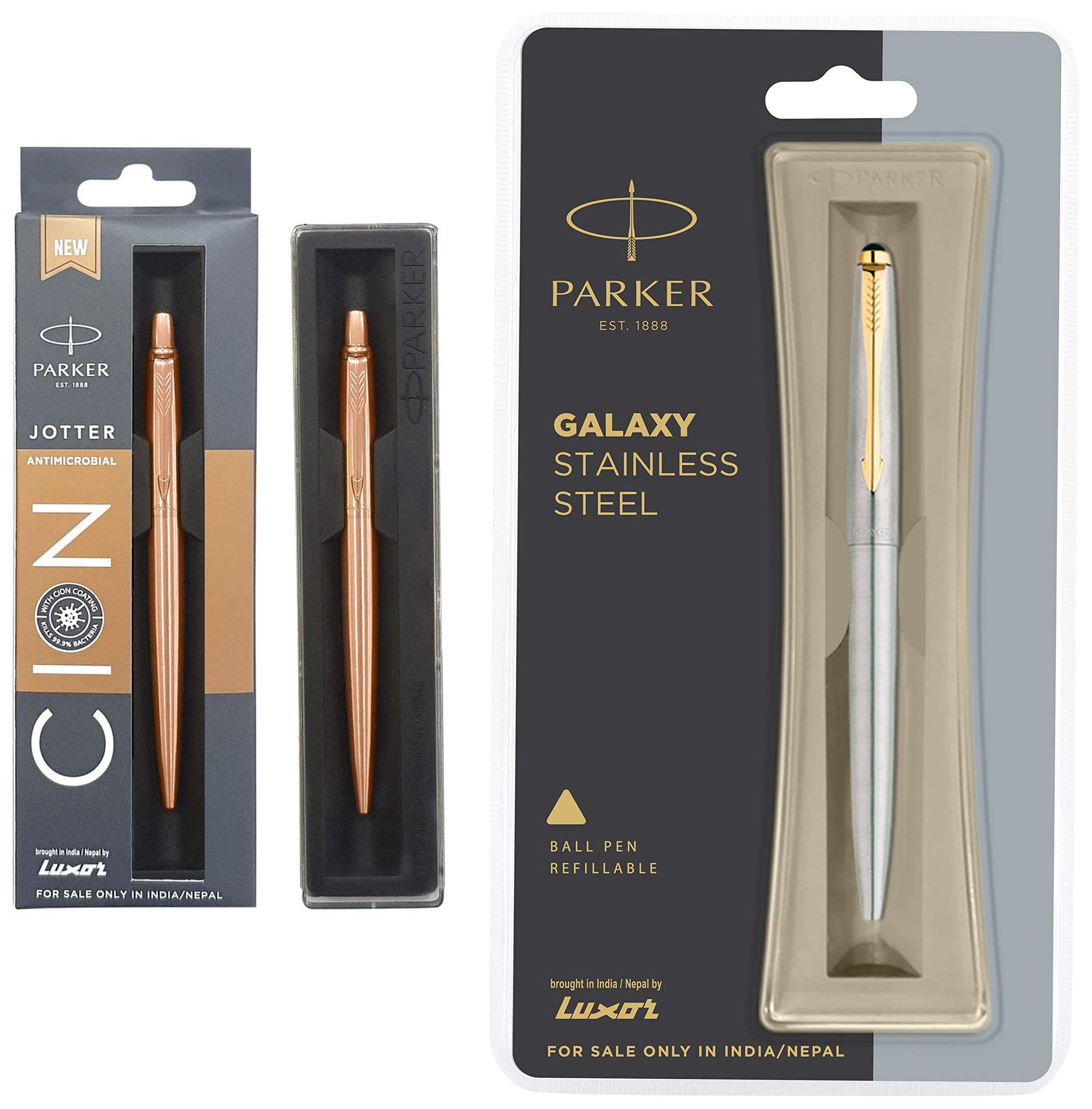 ParkerParker Galaxy Stainless Steel Gold Trim Ball Pen Jotter Anti Microbial Stainless Steel Ball Pen (Ink - Blue)
