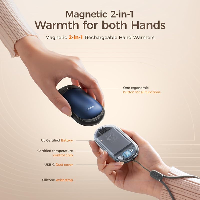 OCOOPA Tölthető Kézmelegítő Szett, 2db Mágneses Zsebméretű Melegítő, 5000mAh, Ultrakönnyű, 3 Hőfokozat 53°C-ig, Kempinghez, Raynaud-szindróm
