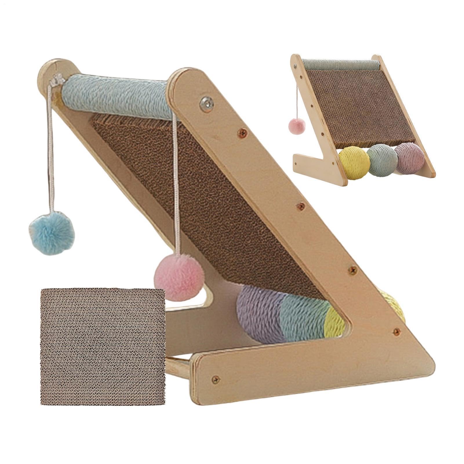 Rascador para Gatos Triangular de Cartón con Pelotas Interactivas | Rascador de cartón ondulado para gatos Esquinas, Alfombras, Puertas, Suelo: Enriquecimiento y Ejercicio