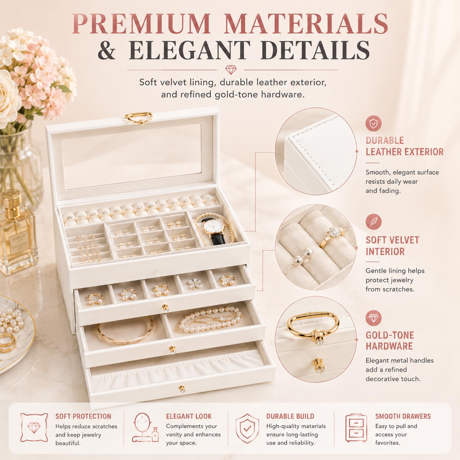 Caja Joyero de 4Niveles con Tapa de Vidrio para Pendientes,Anillos