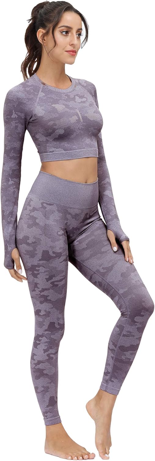 Women's Workout Outfit Set Active 2 Pieces Camo Seamless Yoga Leggings with Long Sleeves Crop Top Purple