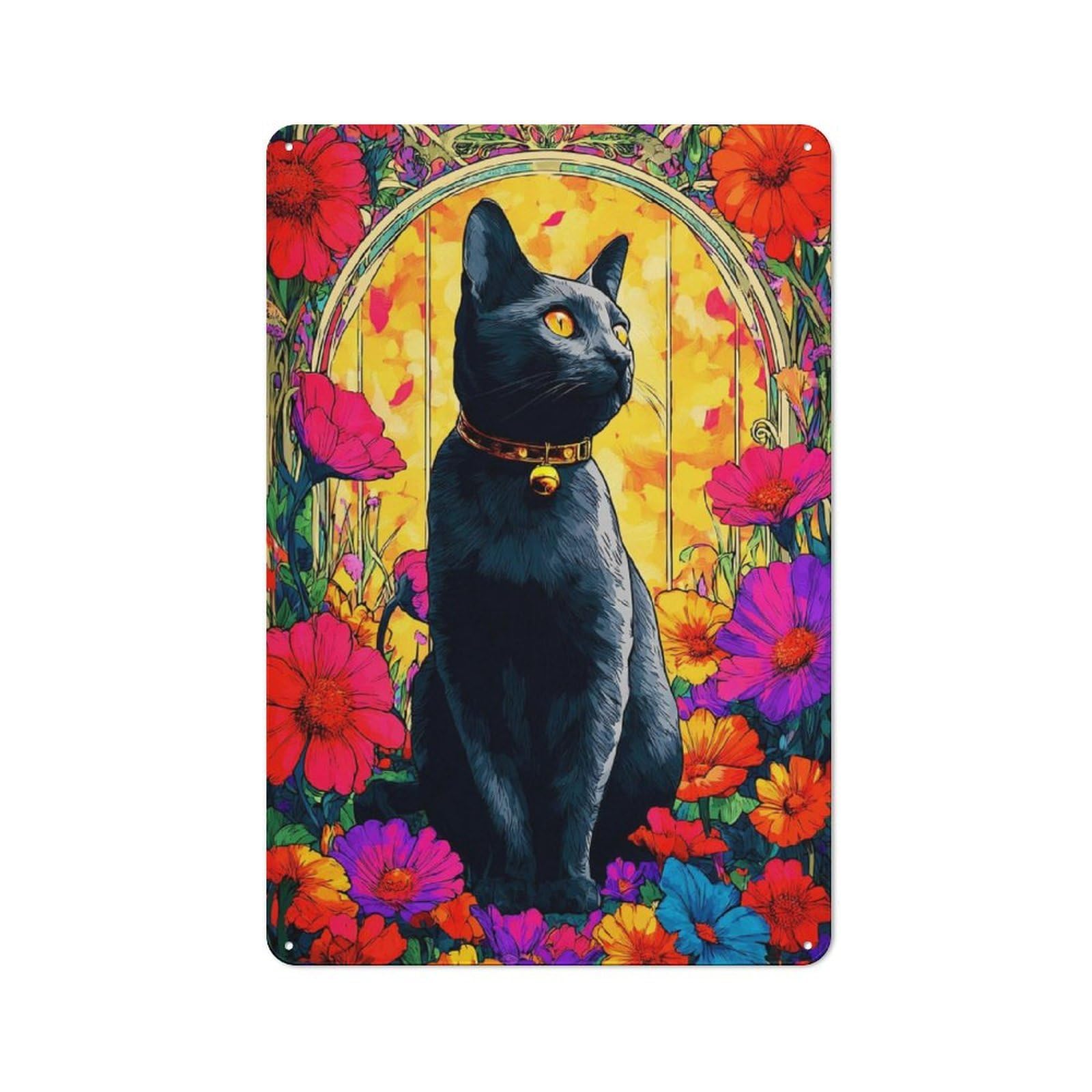 Bistro Style Colorful Floral Cat Portrait -5 Decorative Metal Plaque 30x20cm, Bistro Wall Plaque for Tea Room, Shop Wall Or Breakfast Area