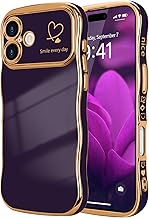 LCHULLE for iPhone 17 Case for Women Girls,Cute Curly Wave Frame Shape Love Heart Pattern Phone Case,Raised Camera Protection Plating Shockproof Cover for iPhone 17,Dark Purple