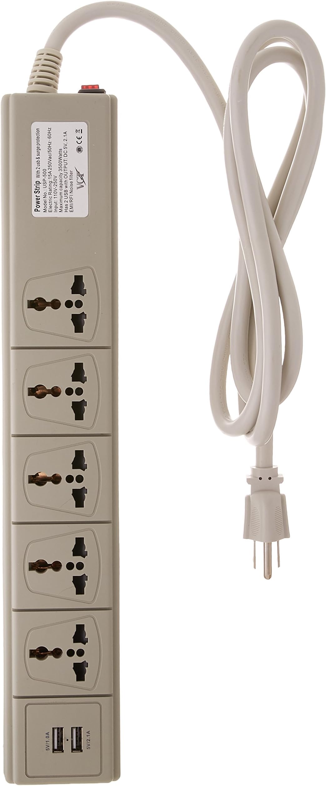 Multi-outlet Universal Power Strip with 2 USB Ports and 5-Outlets 110 Volt to 250 Volt Surge Protector, 3750 Watts 15 Amp, Worldwide Use with USA Plug (USP500)