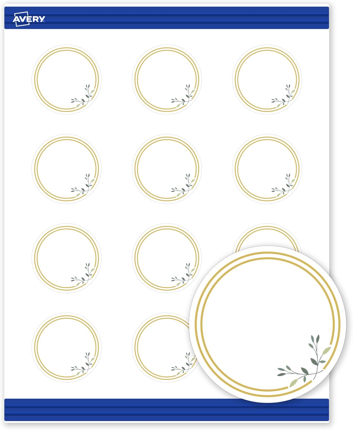 Avery Printable Round Cards, 2" Diameter, Matte White, Pre-printed Double Gold Border/Florals Design, Sure Feed Technology, Laser & Inkjet Compatible, 240 Total