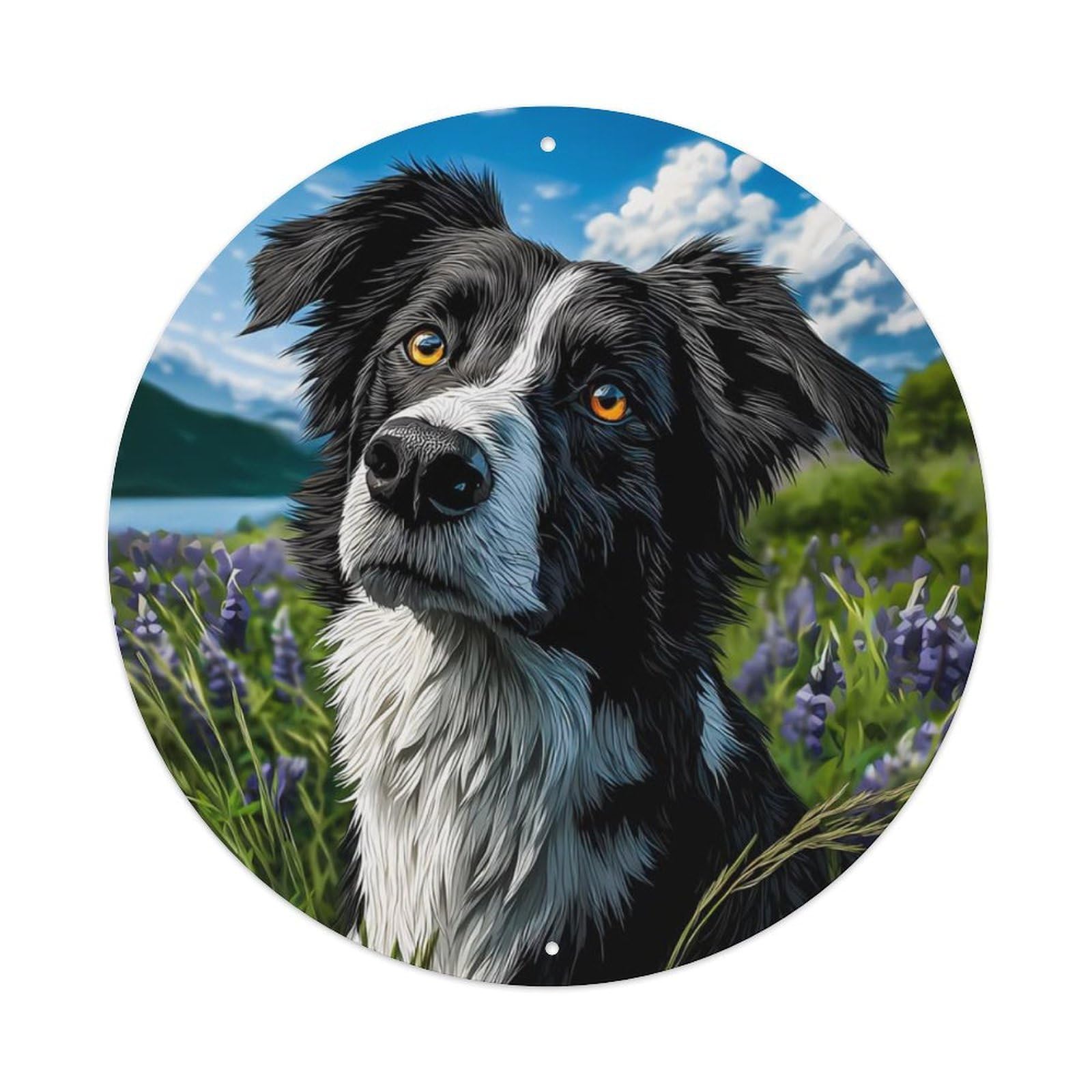 Dog Border Collie Lupine Wildflower Grass Field Sky Cloud Lake Landscape Vintage Metal Tin Sign Plaque Wall Decor for Cafe, Club Bar, Office, Garden Metal Poster 8x8Inch