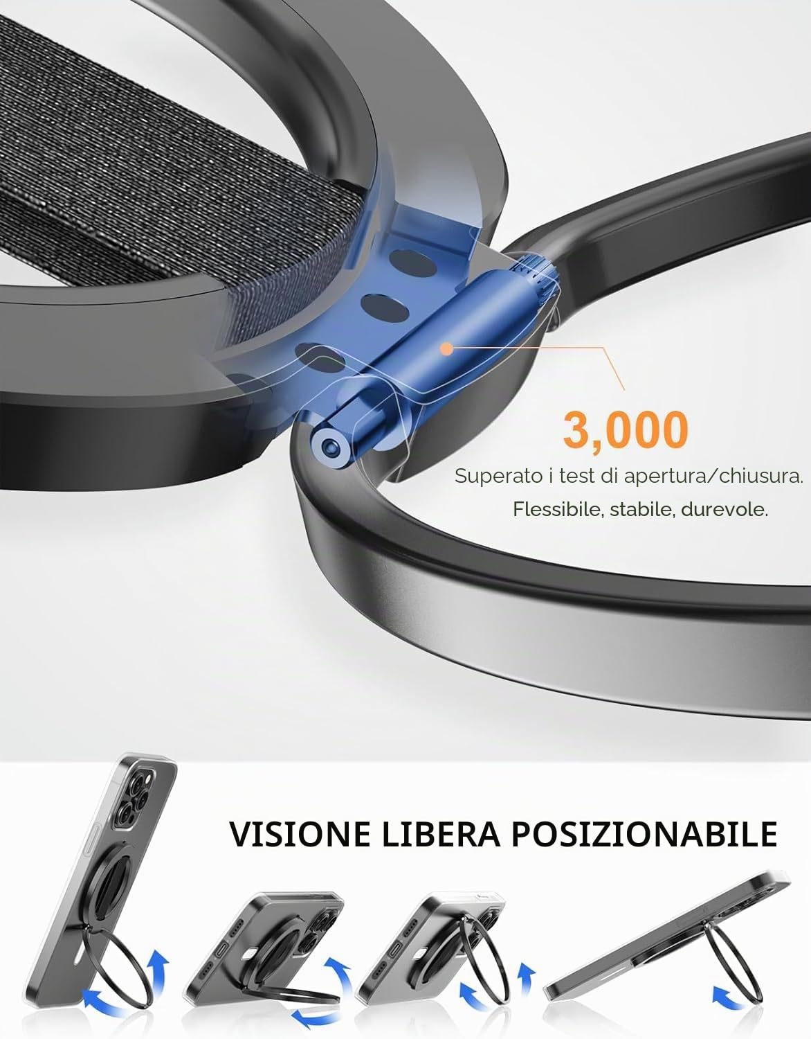 EWA MagOne Ultra Impugnatura per cellulare con cinturino da dito elastico sostituibile, supporto ad anello rimovibile, magnetico su entrambi i lati, per iPhone 15, 14, 13, 12 - Nero