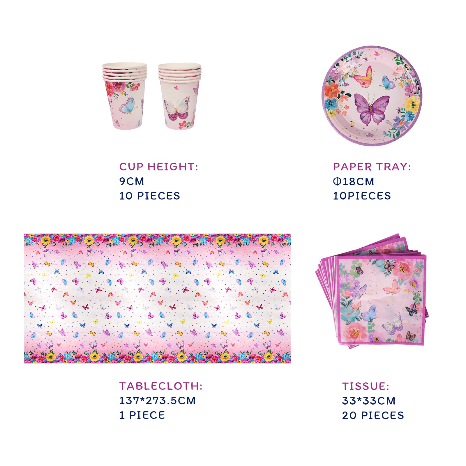 Tema Farfalla Posate per Festa di Compleanno - Set Stoviglie con Tovaglioli, Bicchieri di Carta, Tovaglie, Piatti a Forma di Farfalla per Bambina