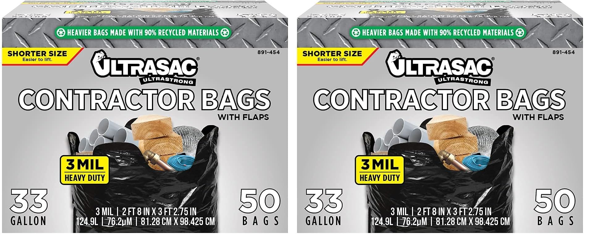 Ultrasac Contractor Trash Bags (Ties) Heavy Duty 3 MIL Thick, 39" x 32", Shorter 33 Gallon Black Version - for Industrial, Commercial, Professional, Construction, Lawn, Leaf, and More, (Pack of 100) 1 Count (Pack of 100)