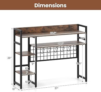 Tangkula Desktop Bookshelf for Computer Monitor Up to 32, Countertop Storage Hutch with 4 Open Shelves, Grid Panel, 6 Hooks, Anti-tip Device, 4-Tier Desktop Shelves for Home Office Dorm, Rustic Brown