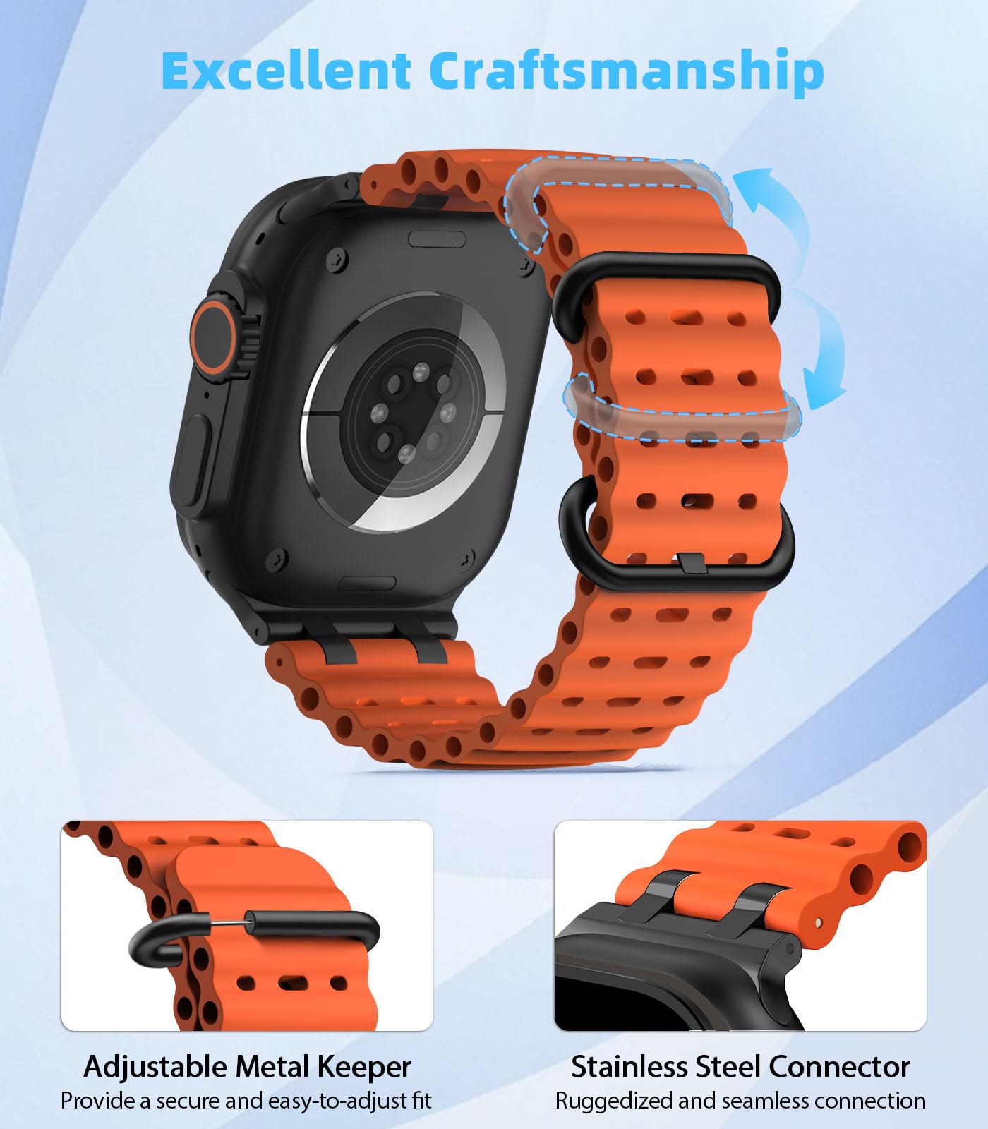 MoKo Correa Ocean Compatible con Apple Watch Ultra 3/2/1 49 mm, S11/S10 46 mm, 9/8/7 45 mm, SE3/SE2/SE/6/5/4 44 mm, 3/2/1 42 mm, Correa Deportiva de Silicona Transpirable