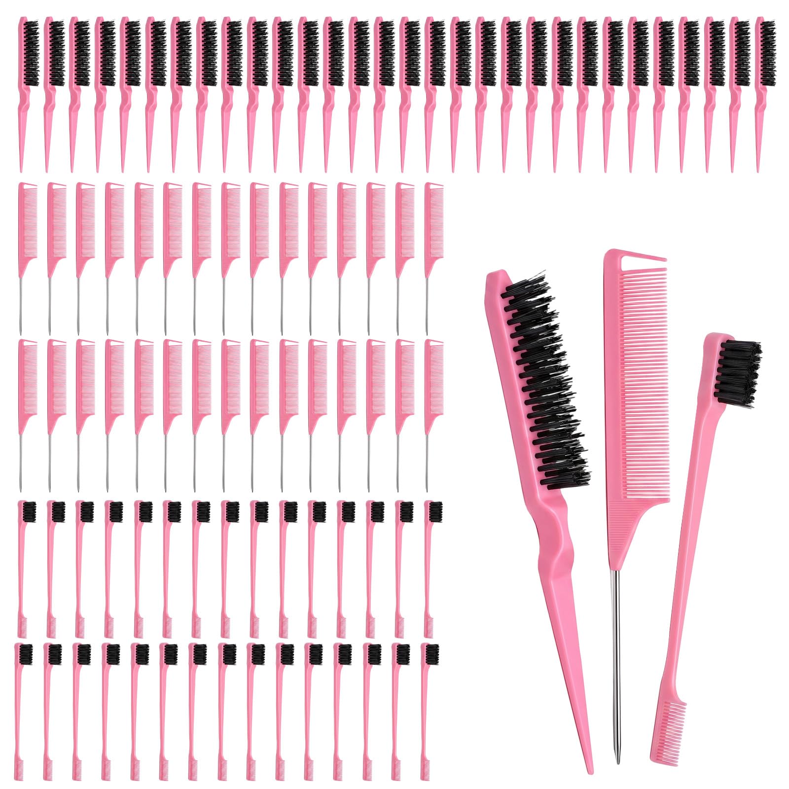 Juego de cepillo profesional para borde y cepillo de pelo con parte trasera resbaladiza: kit de peinado de 90 piezas con cepillos de borde de doble cara, cepillos de burlas, peines de cola de rata