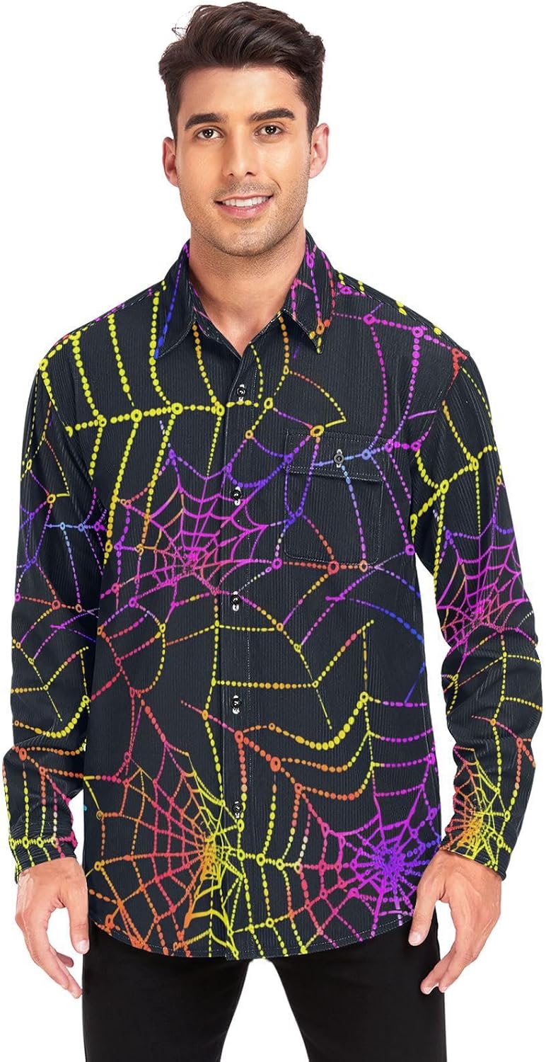 Spider Web Colorful Woolen Cord Fabric Mens Rugby Shirts Long Sleeve for Women Collar with Pockets