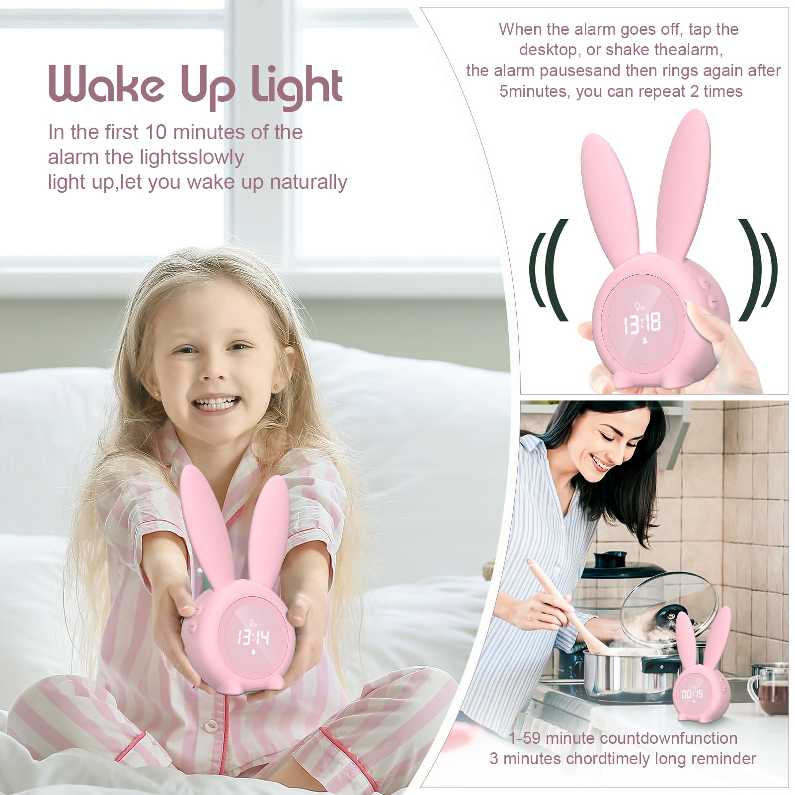 mizikuu Wecker Digital Kinder, Kinderwecker Mädchen Rabbit Cute Hase Lichtwecker Nachtlicht Kinder Creative Nachttischlampe Snooze-Funktion, Wake Up ZeitgesteuertesNachtlicht für Mädchen Jungen, Rosa