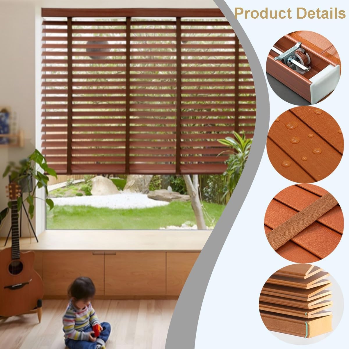 2" Slats Wooden Privacy Venetian Blinds 15" 24" 28" 30" 35" 46" 54" 64" 75" Custom Size Window Blinds, Breathable Shades for Bathrooms Kitchens, Cordless Solid Wood Blind(White)