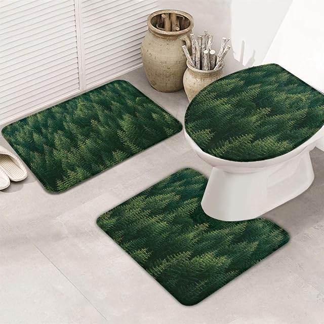 JOOCAR 3PCS/Set Bathroon Non Slip Pedestal Rug+Lid Toilet Cover+Bath Mat, Green Forest Tree Nature Soft and Beautiful Home Decor Bath Rug