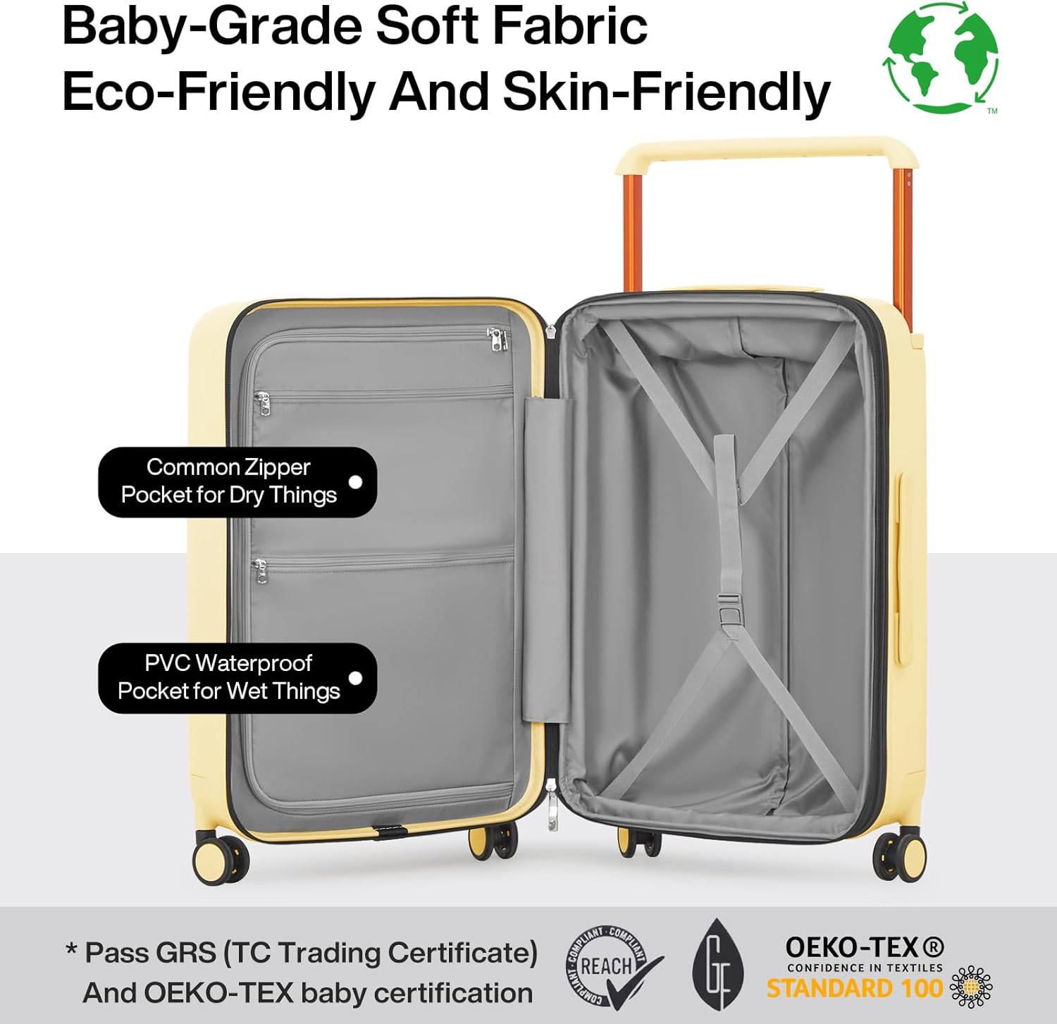 mixi Large Capacity Expandable Carry On Luggage Airline Approved 20'' Lightweight Luggage Wide Handle PC Hardshell Suitcases with Spinner Wheels & TSA Lock, Lark Yellow - Image 3