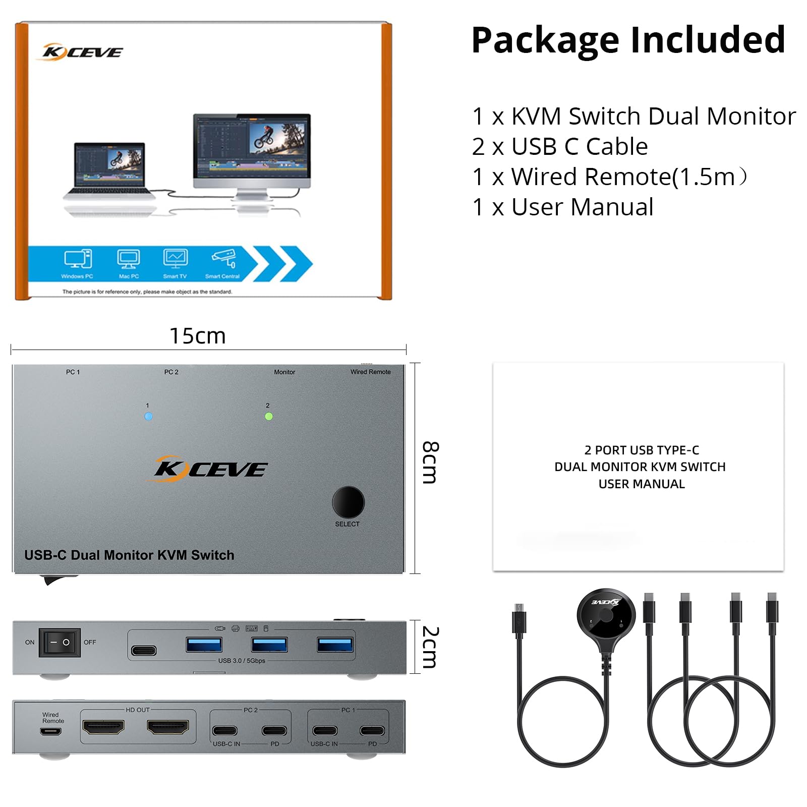 KVM Switch 2 PC 2 Monitores USB C HDMI, USB 3.0 KVM Switch Dual Monitor HDMI 4K@60Hz para 2 Laptops, MST, 80W PD, Wired Remote(4K USB-C HD 2 in 2 out)