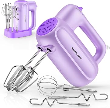 BAIGELONG Hand Electric Mixer, 5-Speed KitchenMixer with 5 * 304 Stainless Steel Attachments + Storage Base, Food Handheld Mixer for Baking, Whipping Cream, Cake Mixing, Purple