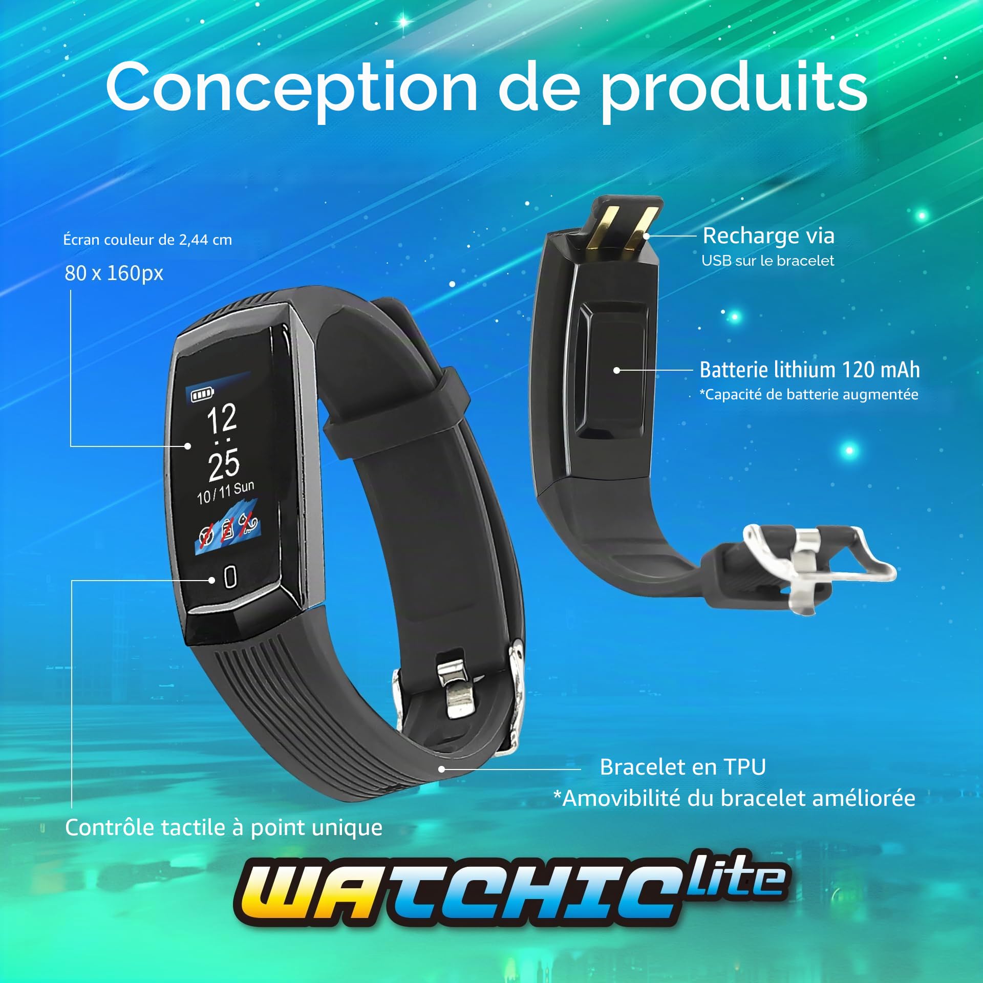 Brook Watchic Lite Édition Exclusive Officielle – Montre Auto Catch + Auto Spin, Écran Couleur 0,96″, Étanche IPX7, Autonomie 240 h, Porte‑clés Inclus
