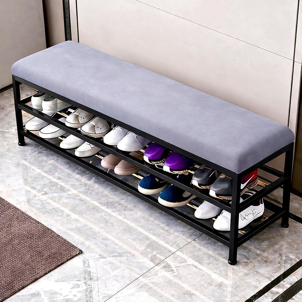 Modern Metal Shoe Rack Bench with Cushion Seat, 2-Tier Entryway Shoe Storage Organizer (76 x 36 x 45 cm) (Grey, Metallic Powder Coating) (Grey)-image-14