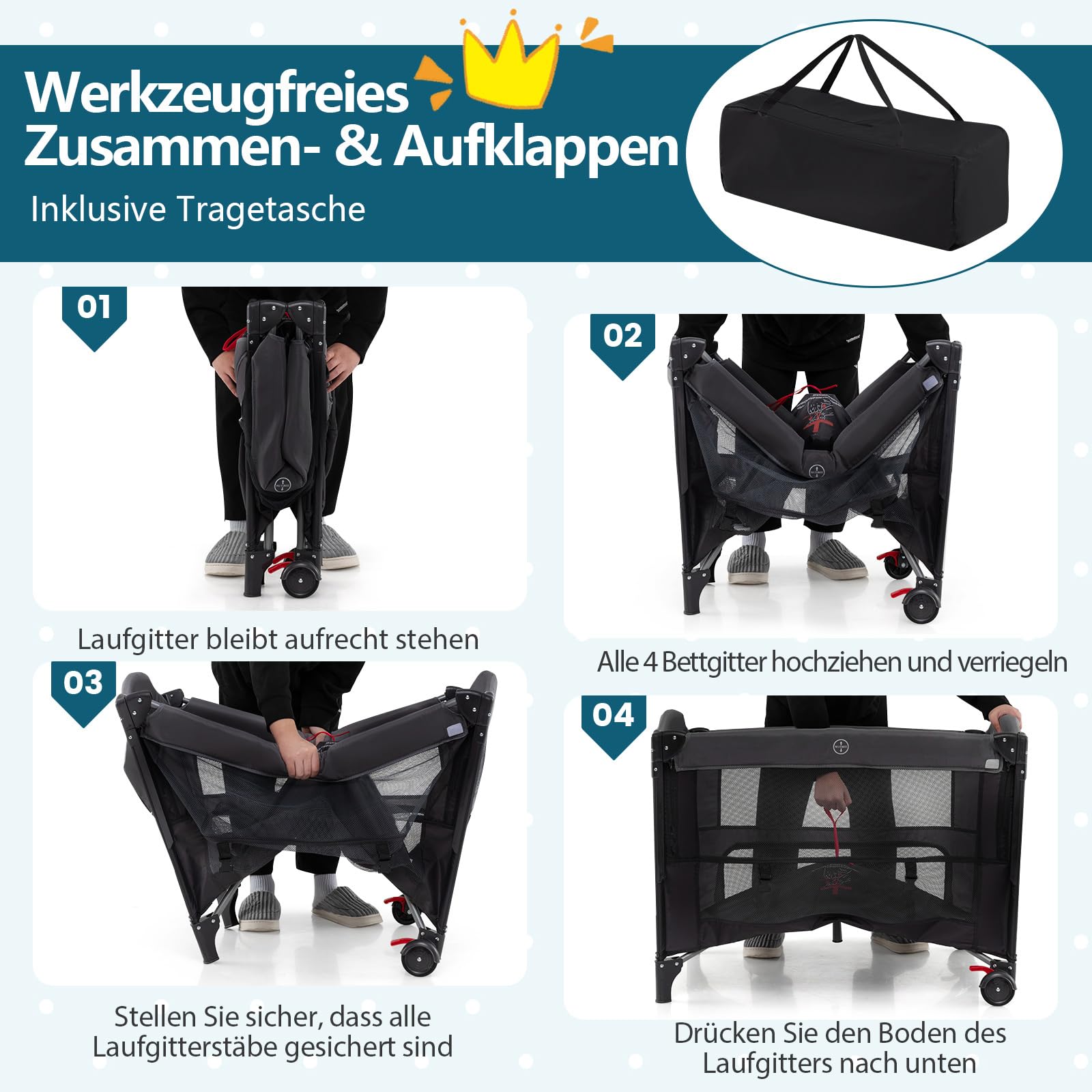 COSTWAY 5 in 1 Beistellbett, Reisebett Baby mit Matratze, Babybett höhenverstellbar mit Wickelauflage, Mosktionetz & Spielbogen, Stubenwagen mit Rollen & Tragetasche für bis 36 Monaten, Schwarz