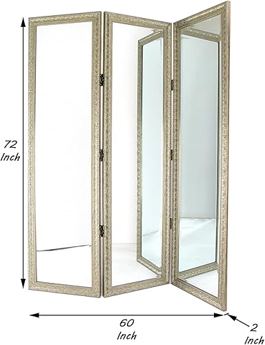 Miniatura 4 de Benzara BM242685 - Tocador de tamaño completo (72 x 60 x 2 pulgadas, marco grabado de resina de 3 paneles, color dorado)