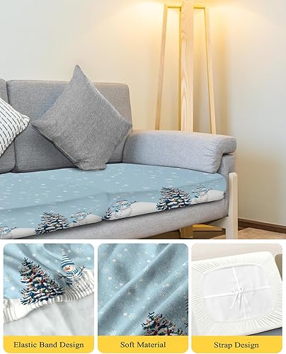 Miniatura 4 de Blue Snowman Christmas Couch Cushion Covers, Stretch Sofa Cover with Elastic Bottom, Winter Snowflake Xmas Tree Sofa Slipcovers Protector Washable