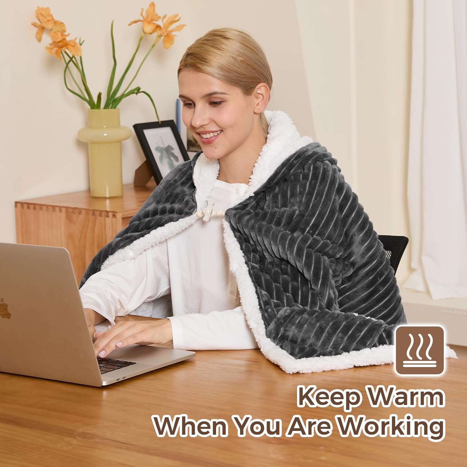 Electric Blanket Heated Throw, Soft Flannel & Sherpa Wearable Heated Blanket Hoodie, Heated Shawl Wraps for Gift with 6 Heating Levels & 12H Auto Off, ETL Certified, Home Office, 40x70 Inch, Dark Grey - Image 5