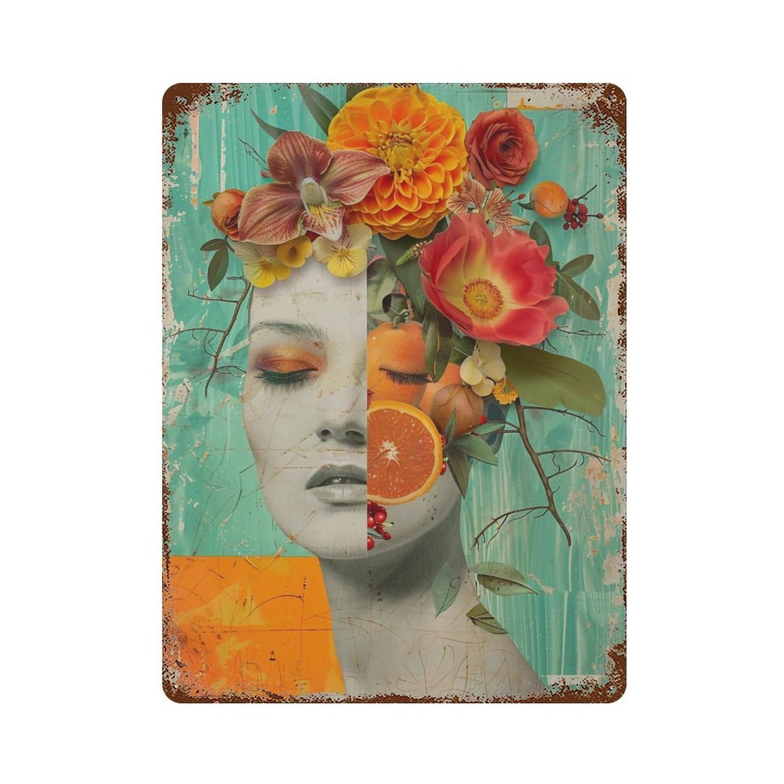 YHGERTKU Surreal Floral Collage Woman Portrait 03 Wall Art Retro Iron Vintage Metal Tin Sign Poster Modern Decor for Living Rooms Gift 40x30cm