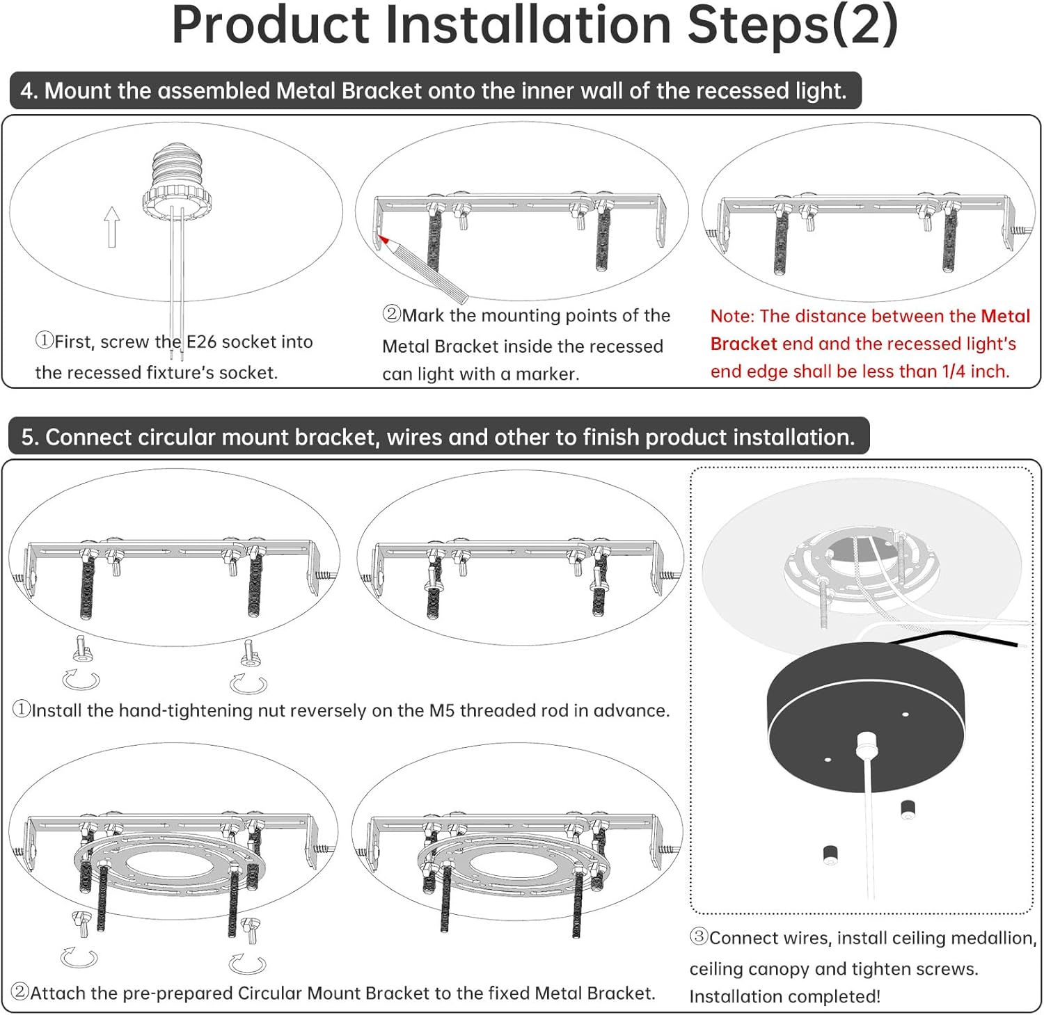 RTNLIT 5-7 Inch Recessed to Pendant Light Converter Kit, Can Light Conversion Includes E26 Socket, Mounting Bracket & Ceiling Plate for DIY Lighting Upgrade