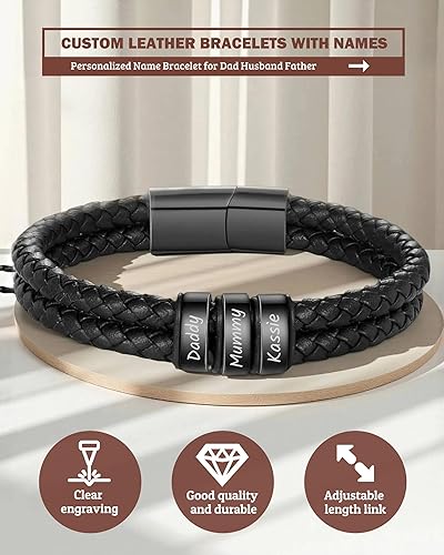 Miniatura 6 de Pulsera personalizada con nombre con 1-6 nombres, pulseras personalizadas de cuero trenzado grabado para hombres, regalos para Navidad, día de San