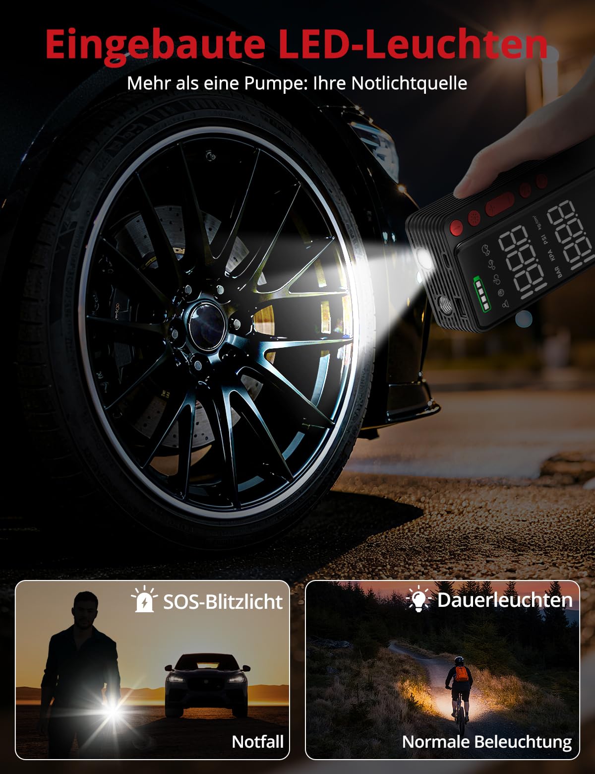 Demkia Gonfleur Pneus Voiture sans Fil, 10000mAh Mini Compresseur à Air Portatif, Portatif Gonfleur Electrique, 150 PSI avec Écran Numérique et Éclairage LED pour Vélo, Voiture, Moto, Ballon