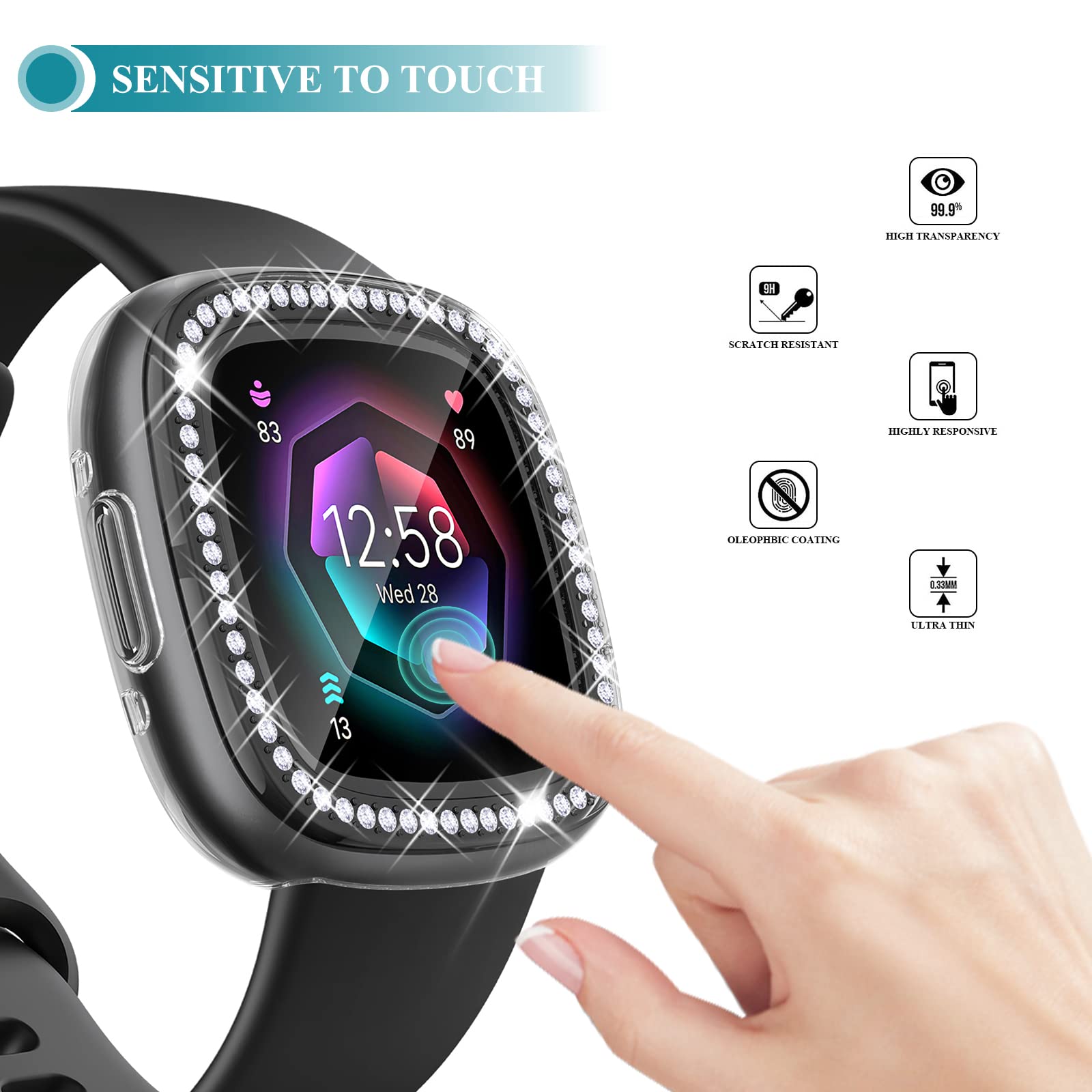 RICHONE Etui kompatybilne z Fitbit Versa 4 i Sense 2 (2022), błyszczące diamenty, miękkie etui z tworzywa TPU, akcesoria do smartwatcha, przezroczyste x 2, Versa 4 i Sense 2, 2 sztuki