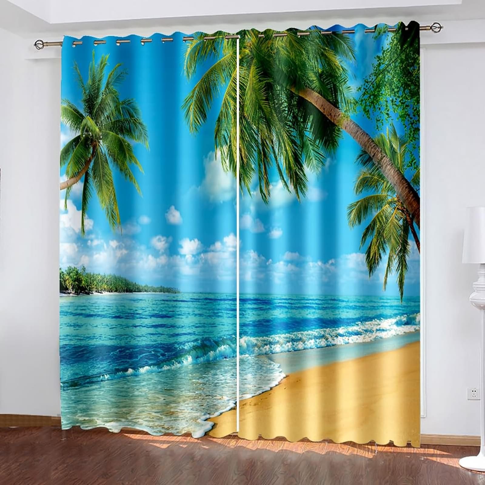 Vorhang Verdunkelung 183 cm Lang, Blickdichte Vorhänge mit Ösen 2er Set Blau Grün Meer Strand Palmen Landschaft Gardinen für Schlafzimmer Kinderzimmer Wohnzimmer, 102x183 cm(BxH)