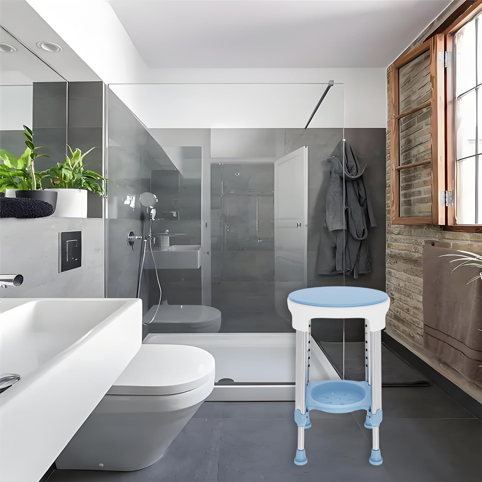 LILIIN Krzesło prysznicowe z tacą, obracany o 360° taboret prysznicowy, regulacja wysokości 42-54 cm, antypoślizgowe siedzisko łazienkowe z aluminium i tworzywa sztucznego, pomoc pod prysznic dla