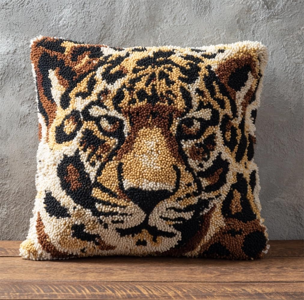 kitphoenix Latch Hook Kit Unfinished Cushion Cover with Printed Canvas Leopard Pattern Pillowcase Sewing Making Kits for Beginners Adults Embroidery Kits Home Decoration 17X17Inch
