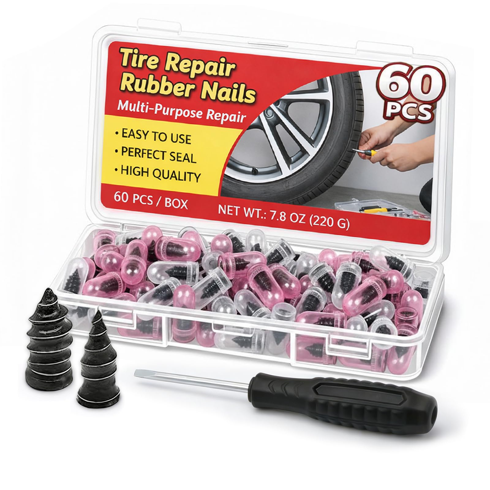 60-Piece tire Repair Screws, 2026 New Vacuum tire Repair Rubber Nail kit, Two Sizes, Suitable for self-Service Screw Fixing of tire Plugs on Trucks, Cars, Motorcycles, etc.
