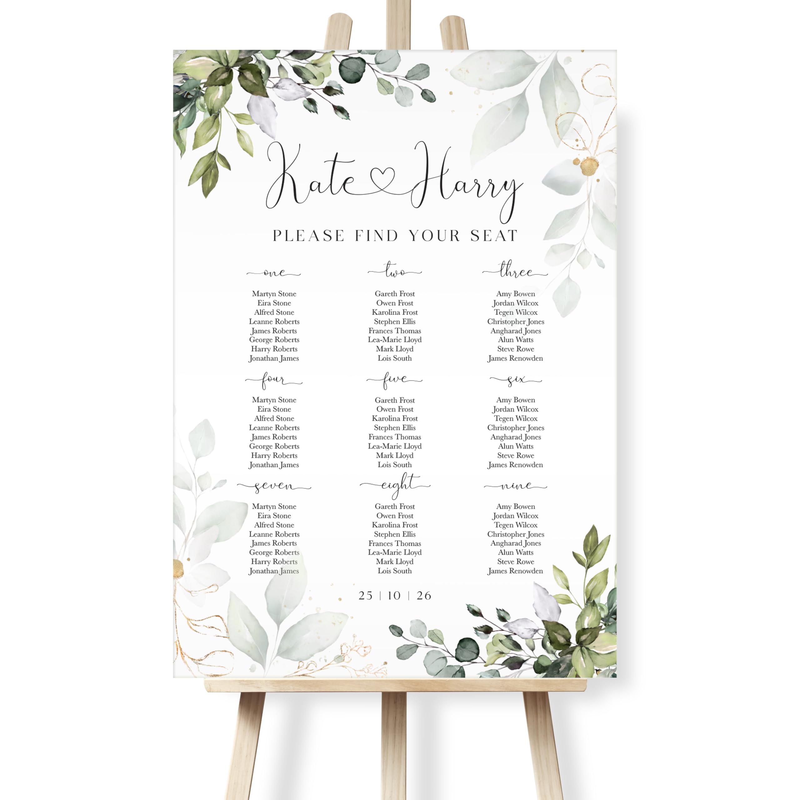 Personalised Wedding Seating Plan Sign with Guest Names – Custom Table Plan Chart – A1 A2 A3 – Foam Board, Canvas or Paper – Eucalptus Leaves Table Plan