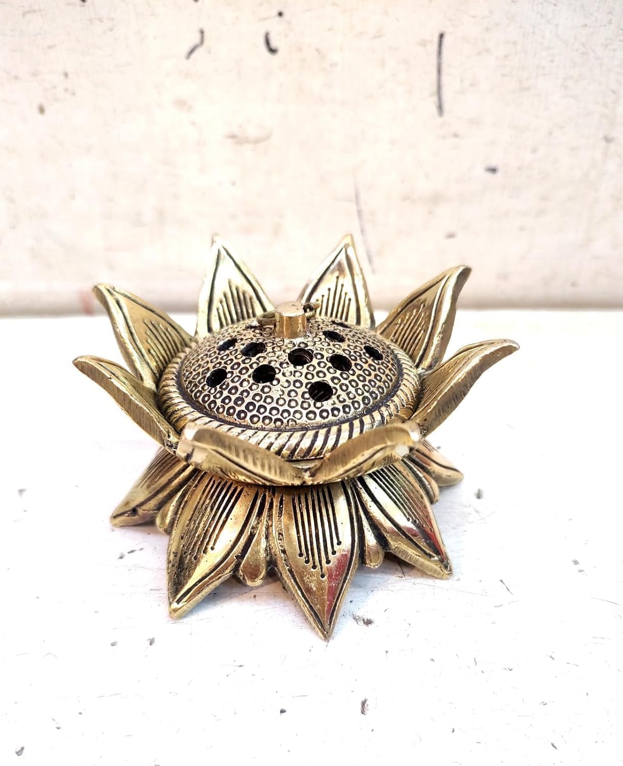 Lotus Flower Brass Incense Holder, Decorative Dhoop Burner with Removable Lid, Traditional Prayer Lamp