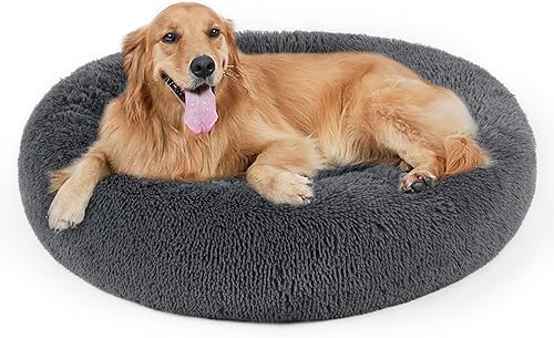 Miniatura 10 de Cama para perros, cama calmante para gatos, cama de felpa de piel sintética con forma de rosquilla para mascotas, cama redonda para perros y gatos
