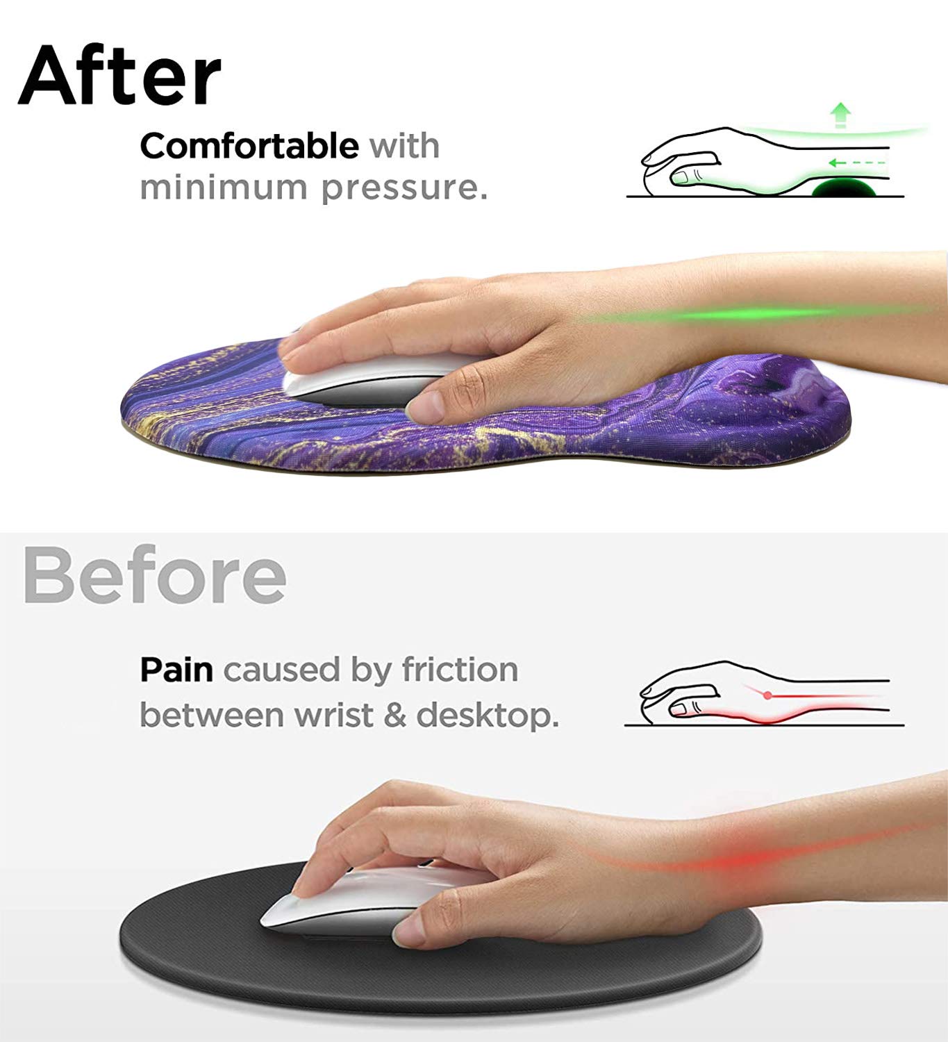 Tappetino Mouse Ergonomico Con Supporto Per Polso In Memory Foam: Marmo Viola, Antiscivolo, 25x23 Cm