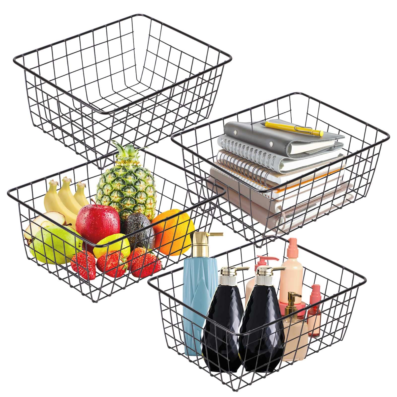 Queiting 4PCS Wire Storage Basket Metal Storage Organizer Bin with Handles Large Organizer Bins for Fridge Storage Freezer Shelf Storage Kitchen Pantry Closets Bathroom Black (28x22x12cm)