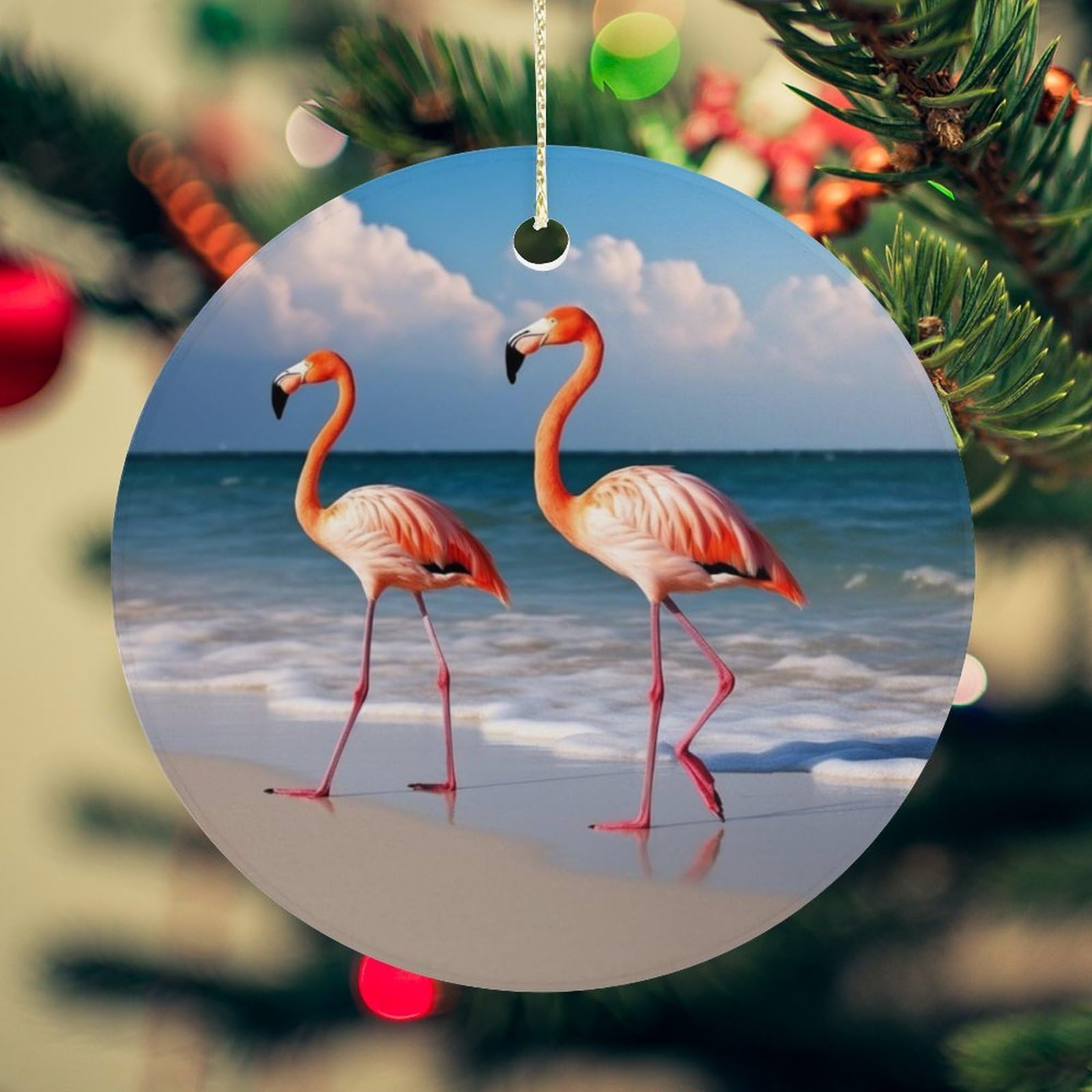 Flamingo On The Beach Christmas Ornament for Christmas Tree Ceramic Round Ornament Winter Holiday Keepsake Gift 2.7" Christmas Tree Hanging Decorations Circle Ceramic Pendant Xmas Gift