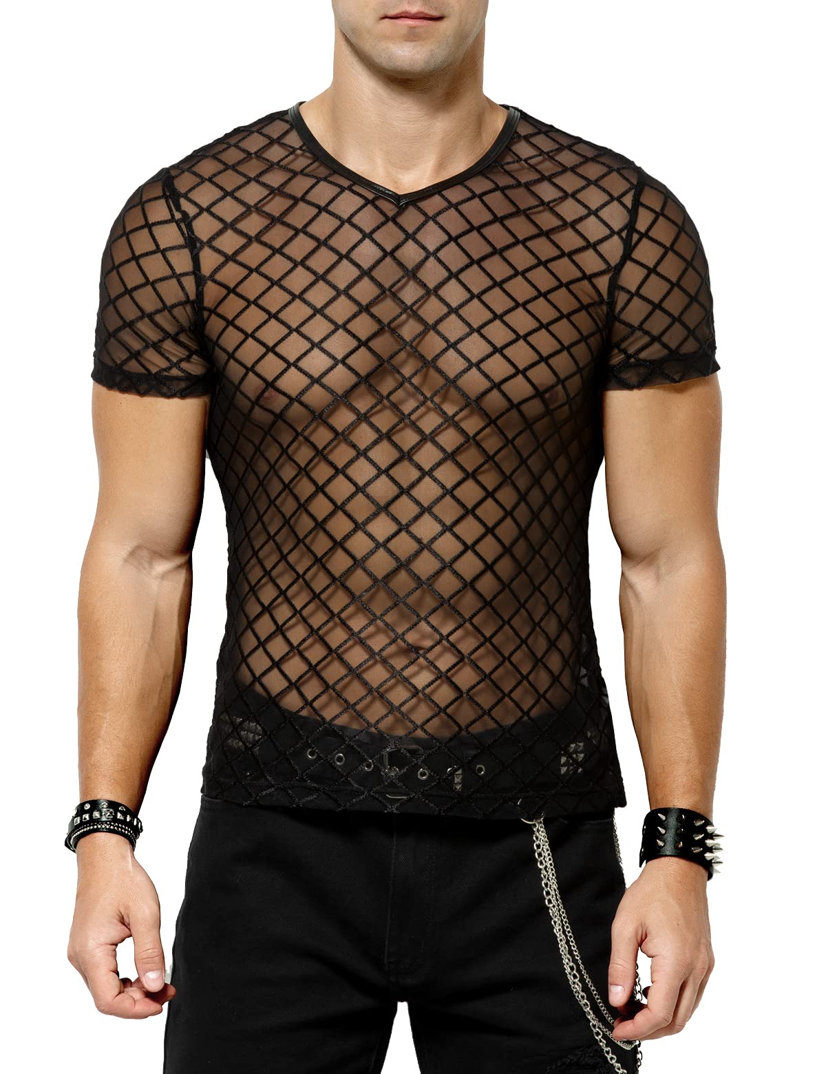 Casey Kevin Maglia Trasparente Uomo Rete - Intimo Sexy Uomo - Mesh Fishnet T-Shirt - Uomo Vedere Attraverso Camicia Party