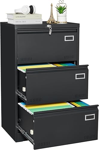 DKYNDSYN Archivador lateral de 3 cajones con cerradura para oficina en casa, archivador de metal con barra ajustable para colgar, organización de