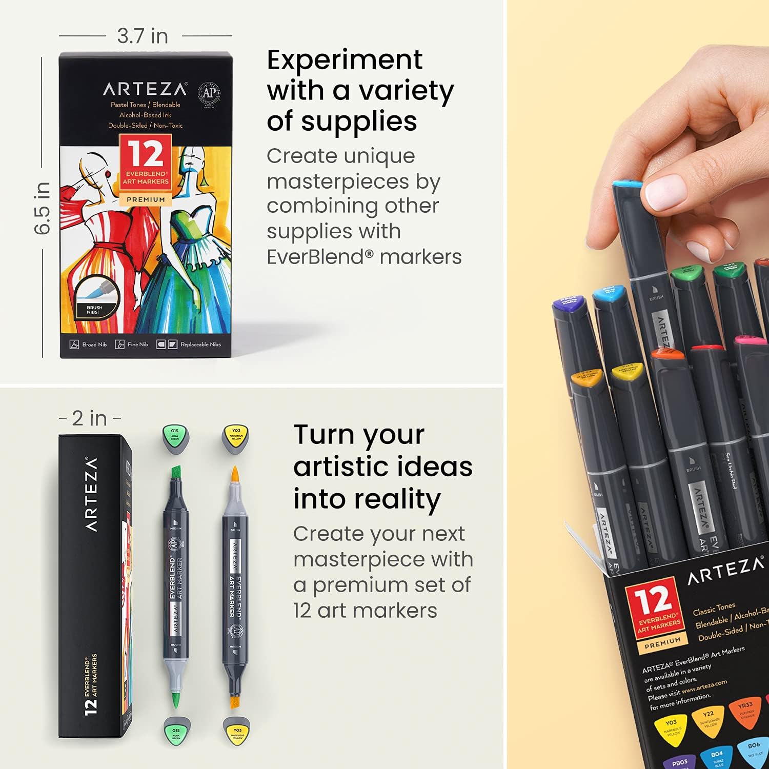 ARTEZA Alcohol Markers Set of 12 Classic Colors, EverBlend Dual-Tip Markers for Adult Coloring - Medium Chisel and Brush Nib
