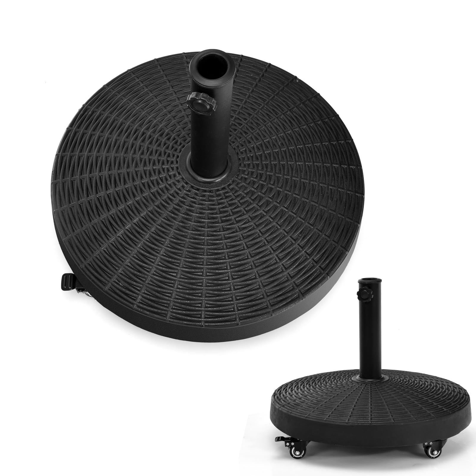 KOMFOTTEU Pied de parasol avec roulettes - Diamètre : 52 cm - Pour tige de parasol de 38 mm / 48 mm - Roulable - 23 kg - Noir